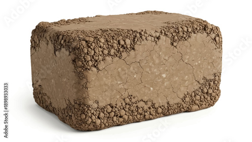 A clay brick with rough texture and crumbling edges on a neutral background