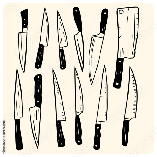 Collection of various kitchen knives and meat cleaver doodle illustrations