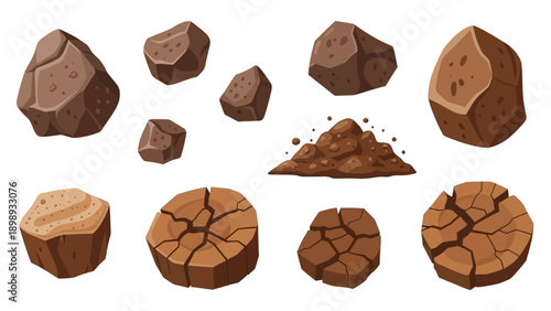 Assorted earthy rocks and stones, fragments, and cross-sections displayed in a grid pattern