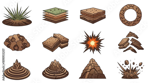 Ancient Earthy Icons Depicting Landmarks and Explosions in a Flat Illustration Style