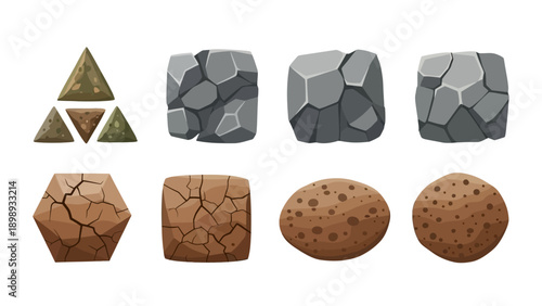 Variety of earthy textures and geological formations displayed in a grid pattern, showcasing different rock types and surface details from a top-down viewpoint