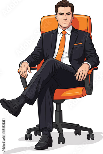 Confident young businessman in a dark suit and orange tie sitting crosslegged in a modern office chair.