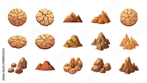 Assorted rocky formations and stone illustrations, varied shapes and textures, isolated on a neutral background, viewed from multiple angles