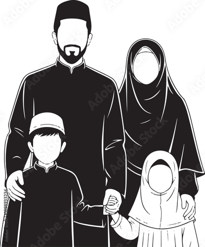 Muslim family portrait: father, mother, and two children, in traditional clothing, silhouette.