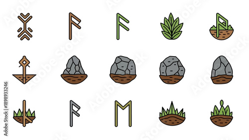 Collection of various medieval weapon and nature elements illustrations arranged in a grid pattern