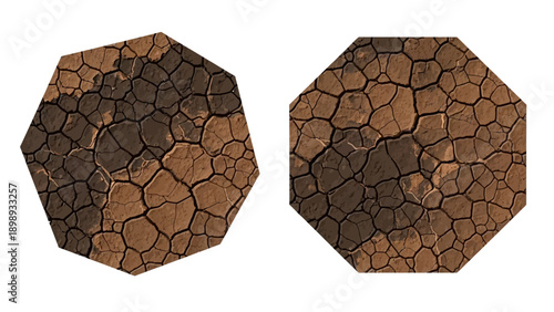 Two octagonal shapes with cracked earth texture viewed from directly above, showcasing dry and parched land patterns in a pair of identical earthy brown designs
