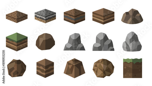 Collection of 3D rendered rocky terrain models with varied textures and geological formations displayed from a top-down viewpoint