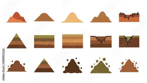 Collection of various earthy terrain illustrations showcasing different landscapes and geological formations in a graphic style