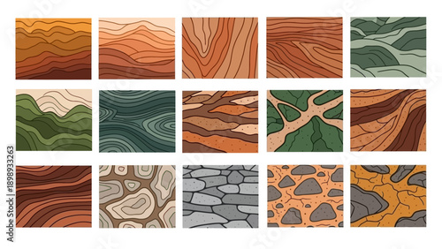 Collection of abstract topographic maps showcasing diverse earthy textures and patterns from various landscapes and terrains in a grid layout
