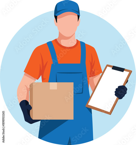 Faceless delivery man in blue overalls and orange shirt holding a cardboard box and clipboard.