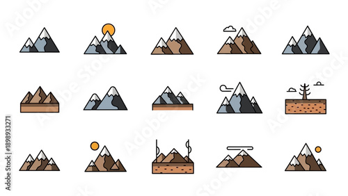 Mountain landscapes with various weather conditions and terrains depicted in a stylized illustration format from different viewpoints