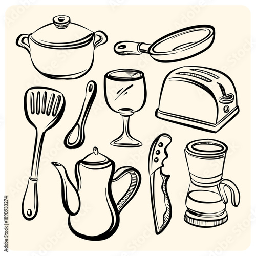 Hand Drawn Kitchen Utensils and Cookware Collection Doodle
