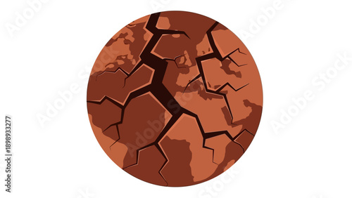 A cracked earth surface depicted in a circular illustration, viewed from directly above, showcasing dryness and erosion.