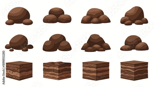 Collection of 3D illustrations showcasing various rock formations and layered stone structures from a straightforward viewpoint