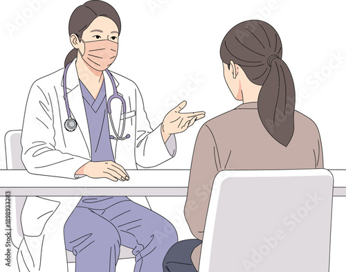 Female doctor wearing a face mask and stethoscope consults with a patient at a desk during a medical examination.