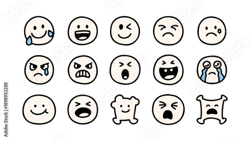 Expressions of Emotion: A collection of various, simple, sketched emoji expressions, vividly illustrating a range of human emotional states. These expressive faces represent happiness, sadness.
