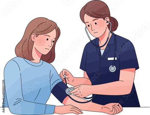 Female nurse in blue scrubs uses a stethoscope to check a concerned young womans blood pressure during a medical exam.