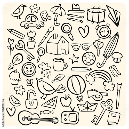 Mega Pack of Hand Drawn Cute Doodles and Childhood Elements Collection
