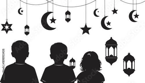 Children looking up at Ramadan and Eid decorations like crescent moons, stars, and lanterns, silhouette.