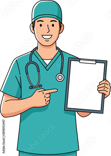 Friendly male surgeon in green scrubs and cap pointing at a blank clipboard for medical information.
