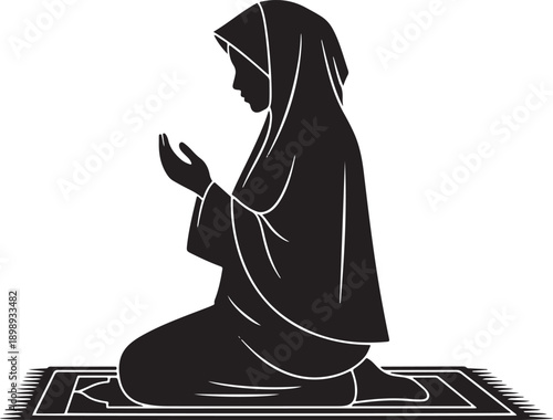 Muslim woman in hijab praying on a prayer mat, silhouette illustration.