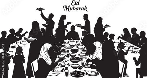 Eid Mubarak celebration with large Muslim family gathering for a feast, illustration.