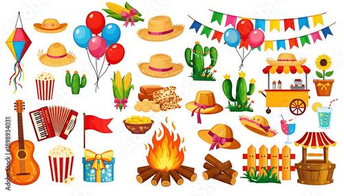 Set of vector illustrations of icons celebrating the Festa Junina in Brazil. Festa de São João or Festa Junina in Brazil.