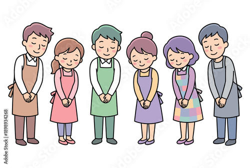 A group of diverse cartoon people wearing aprons and standing together in a line with smiles on their faces.