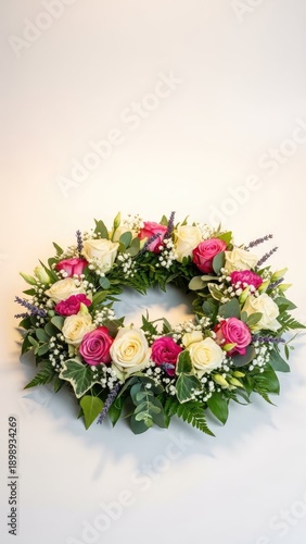 Beautiful floral wreath with pink and white roses on white background
