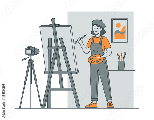 A young artist standing in front of an easel with a camera on a tripod capturing her creative process.