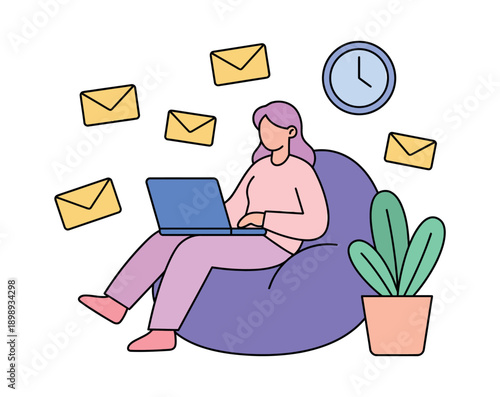 A woman sitting comfortably on a purple bean bag chair, working on her laptop while surrounded by floating envelopes and a clock in the background.