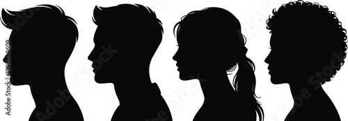 Group of four diverse human profile silhouettes with unique hairstyles and gender representations against a stark white background