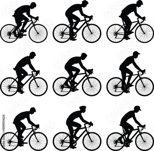 Multiple black silhouettes of male and female cyclists in action on road bikes, showcasing different riding techniques and angles on white