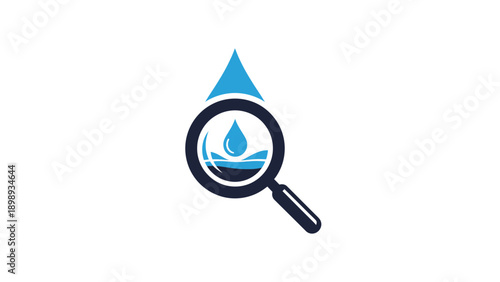 Minimalist Water Droplet Magnifying Glass Icon in Cool Blues and White. transparent.