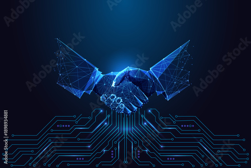 Futuristic digital handshake above circuit board, AI partnership, human-machine collaboration vector