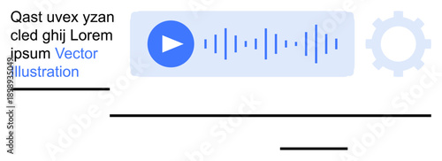 Audio management, multimedia streaming, sound customization, technical interface, app design, playback controls. Visual elements include a play button, sound wave and gear icon. Audio management
