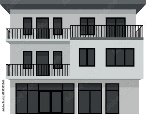 A modern apartment building with balconies and large windows on a white background