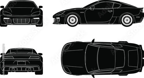 Orthographic projections of a sports car in silhouette from front, side, rear, and views automobile