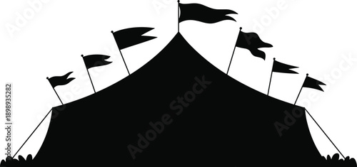 Silhouette of a large circus tent with multiple flags fluttering from poles around its peak, set against a white background, evoking a sense of festivity and entertainment