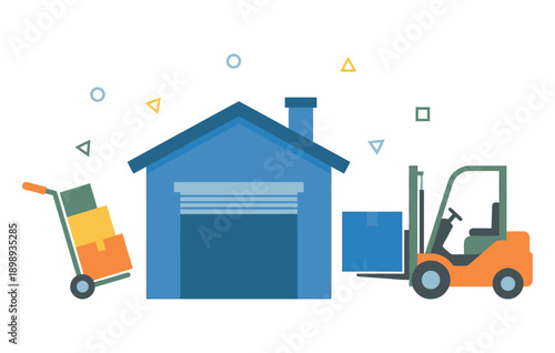 A warehouse worker using a forklift to transport boxes into a blue warehouse building