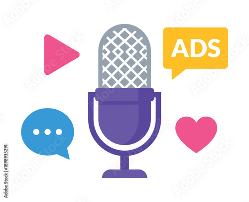 A colorful illustration of a microphone surrounded by social media icons and an advertisement symbol.