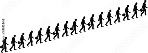 Silhouettes of businessmen walking in a line up a slope carrying briefcases symbolizing career progression and corporate life