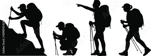 Silhouettes of hikers with backpacks and trekking poles ascending a rocky incline and traversing a path