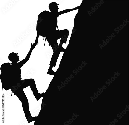 Two hikers in silhouette, one reaching down to help the other climb a steep, dark rock face against a white background, symbolizing mutual support and overcoming obstacles