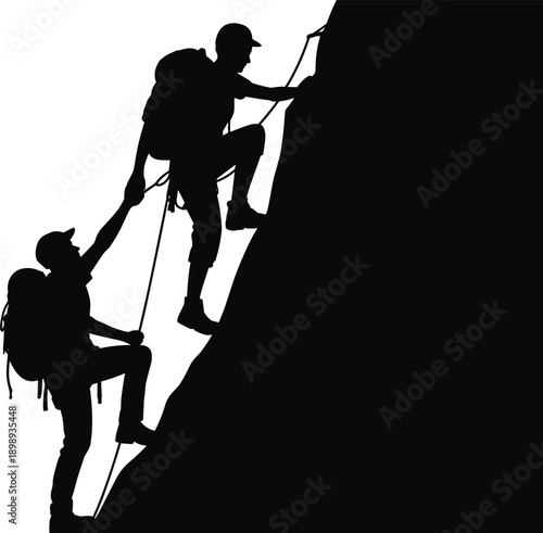 Two silhouetted climbers ascend a steep mountain face with one assisting the other using a rope and carabiner symbolizing teamwork and adventure on a white background