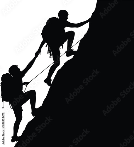 Two silhouetted climbers engaged in a challenging mountain ascent, with one providing a helping hand to the other, showcasing the essence of teamwork and mutual reliance