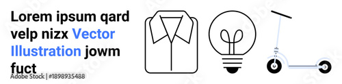 Creativity, innovation, mobility, fashion, energy-saving, eco-friendly transport. Line icon set showing a shirt, lightbulb and scooter. Creativity and innovation concept