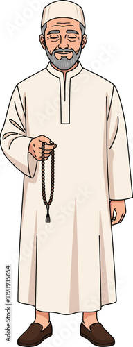 Serene elderly Muslim man in a white thobe and taqiyah holding black prayer beads.
