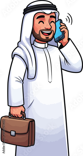 Smiling Arab businessman in a white thobe and ghutra talking on a smartphone while holding a briefcase.