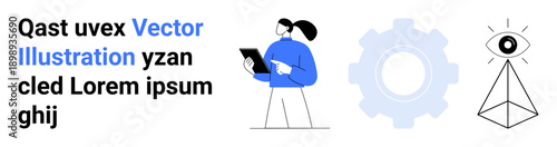 Technology, innovation, business process, analytics, vision, abstract ideas. A person with a tablet, gear symbol and eye within a pyramid. Technology and innovation